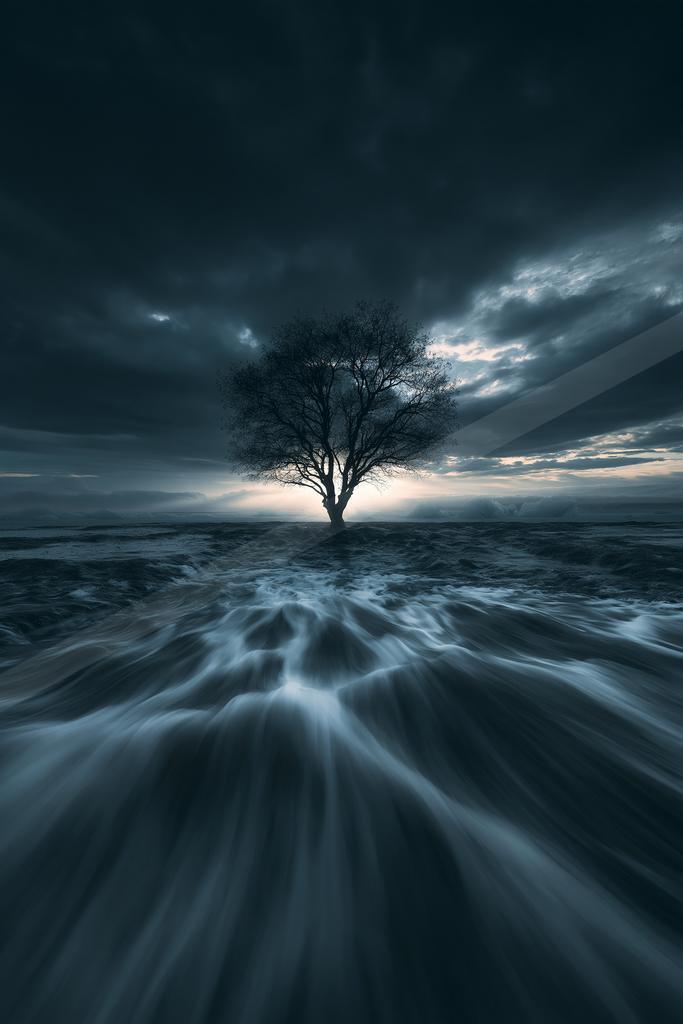 A serene nature scene of trees, lake, ocean.