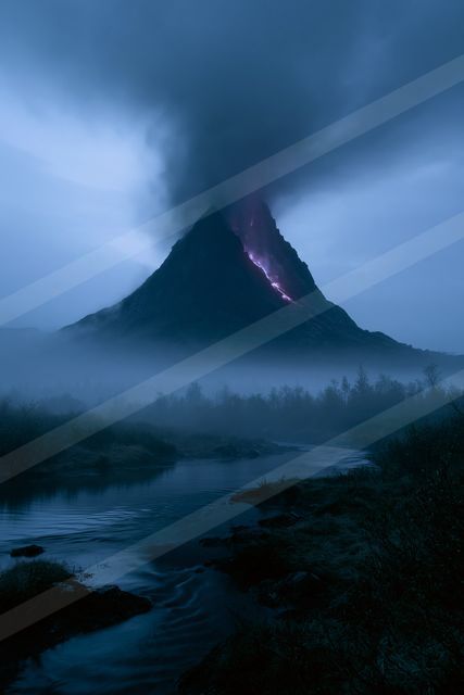 A towering mountain peak emits a striking purple glow against a dark, misty sky and landscape. The surrounding area is shrouded in fog, with a calm river reflec