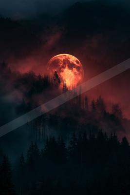 A night landscape of mountains, fog.