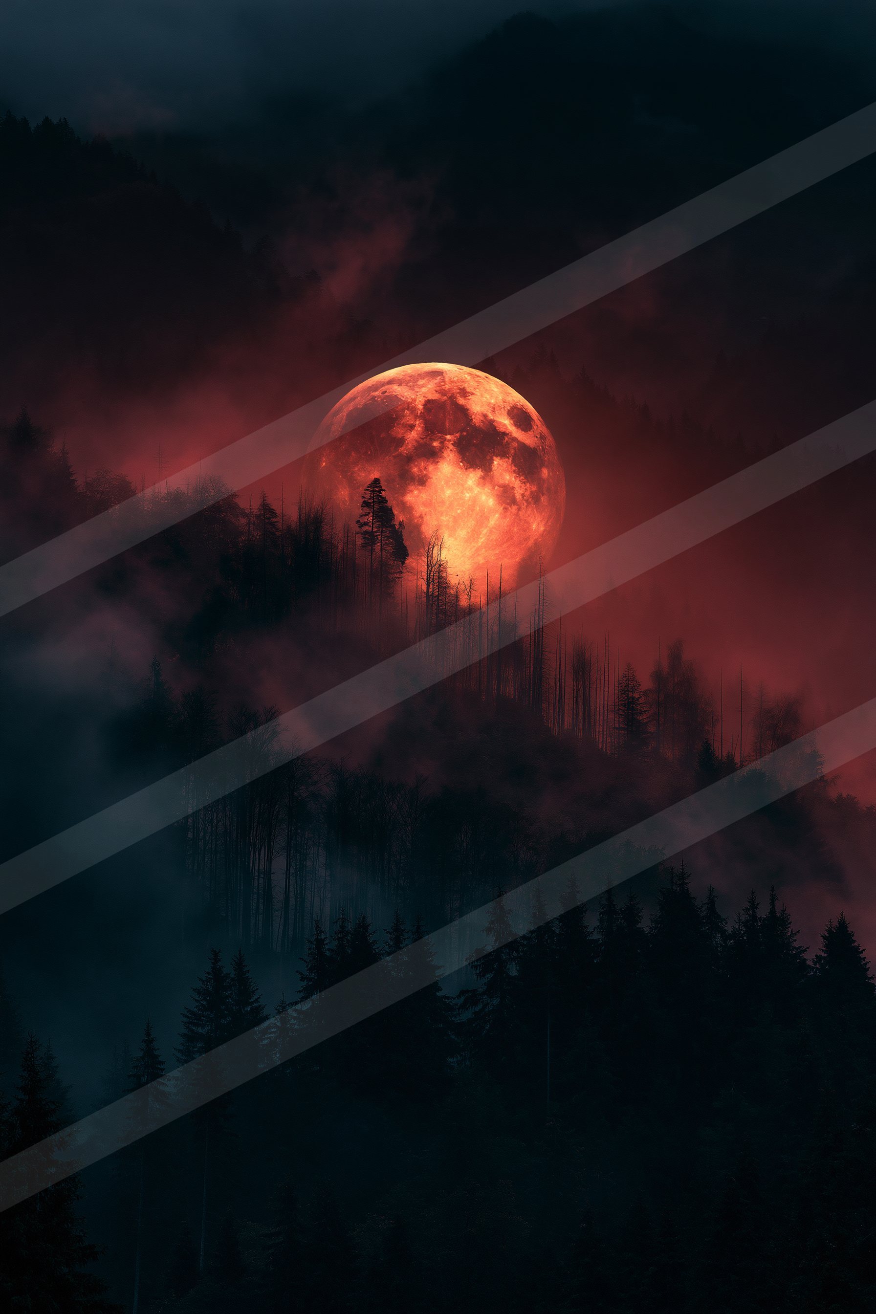 A vivid red moon dominates the night sky over a dense forest with misty mountains in the background.