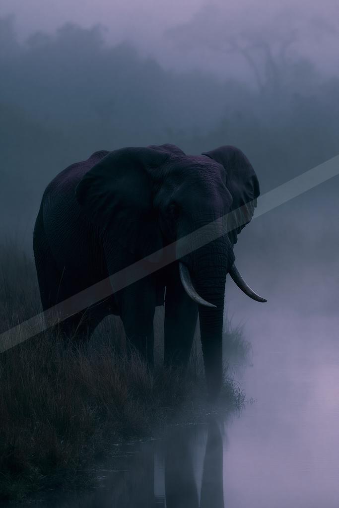 A large African elephant with prominent tusks stands in tall grass beside a misty body of water, its reflection visible, surrounded by dense fog and silhouetted