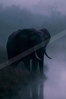 A large African elephant with prominent tusks stands in tall grass beside a misty body of water, its reflection visible, surrounded by dense fog and silhouetted