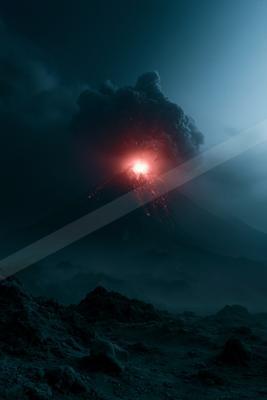 A black-toned moody photograph of volcano, scuba diver, seashore.