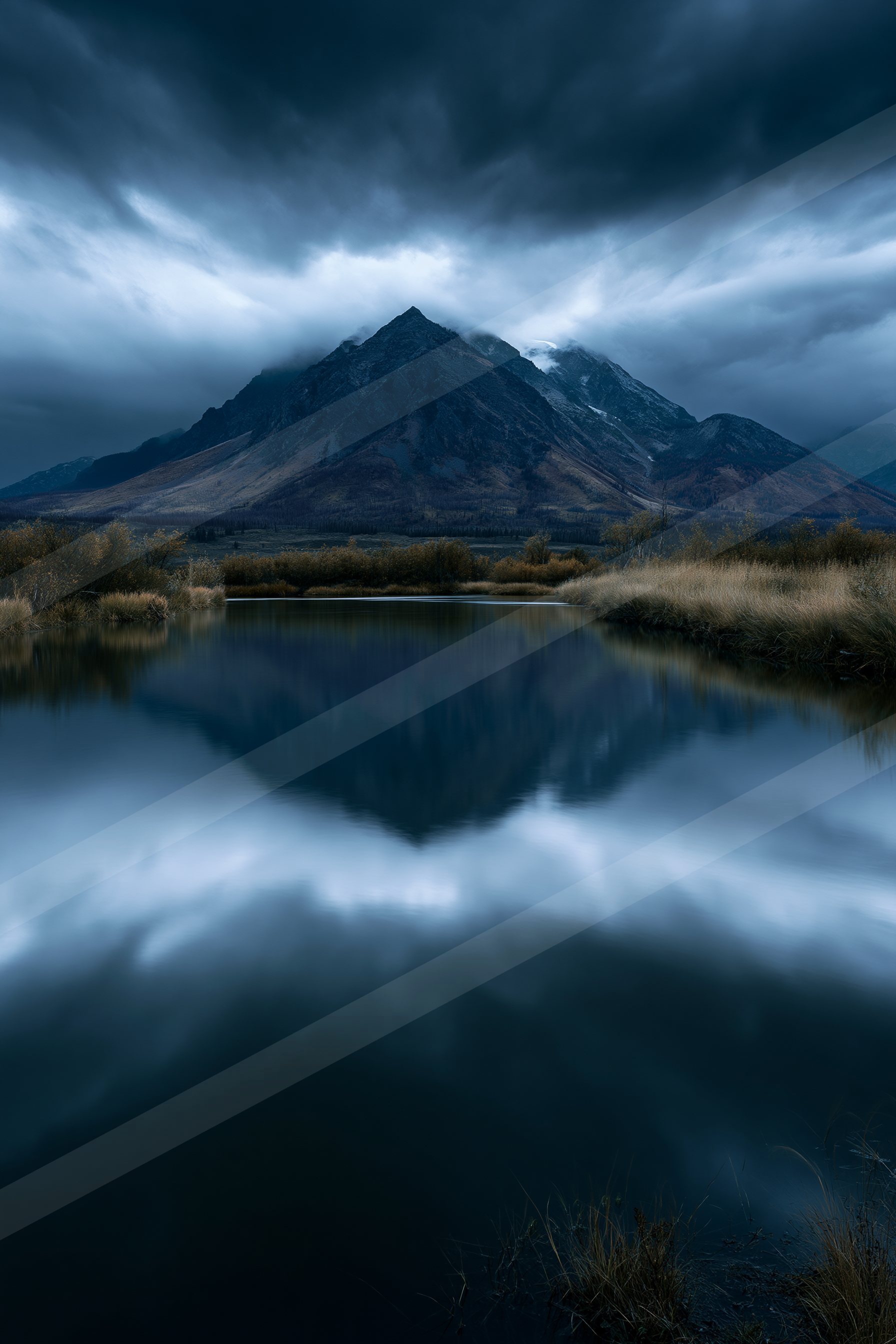 A moody panorama landscape of a volcano, reflection.