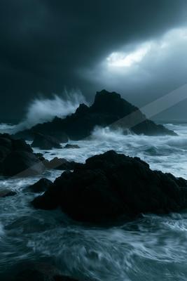 Powerful ocean waves with white foam crash violently against a large dark rocky island under a brooding stormy sky with dramatic light breaking through the clou
