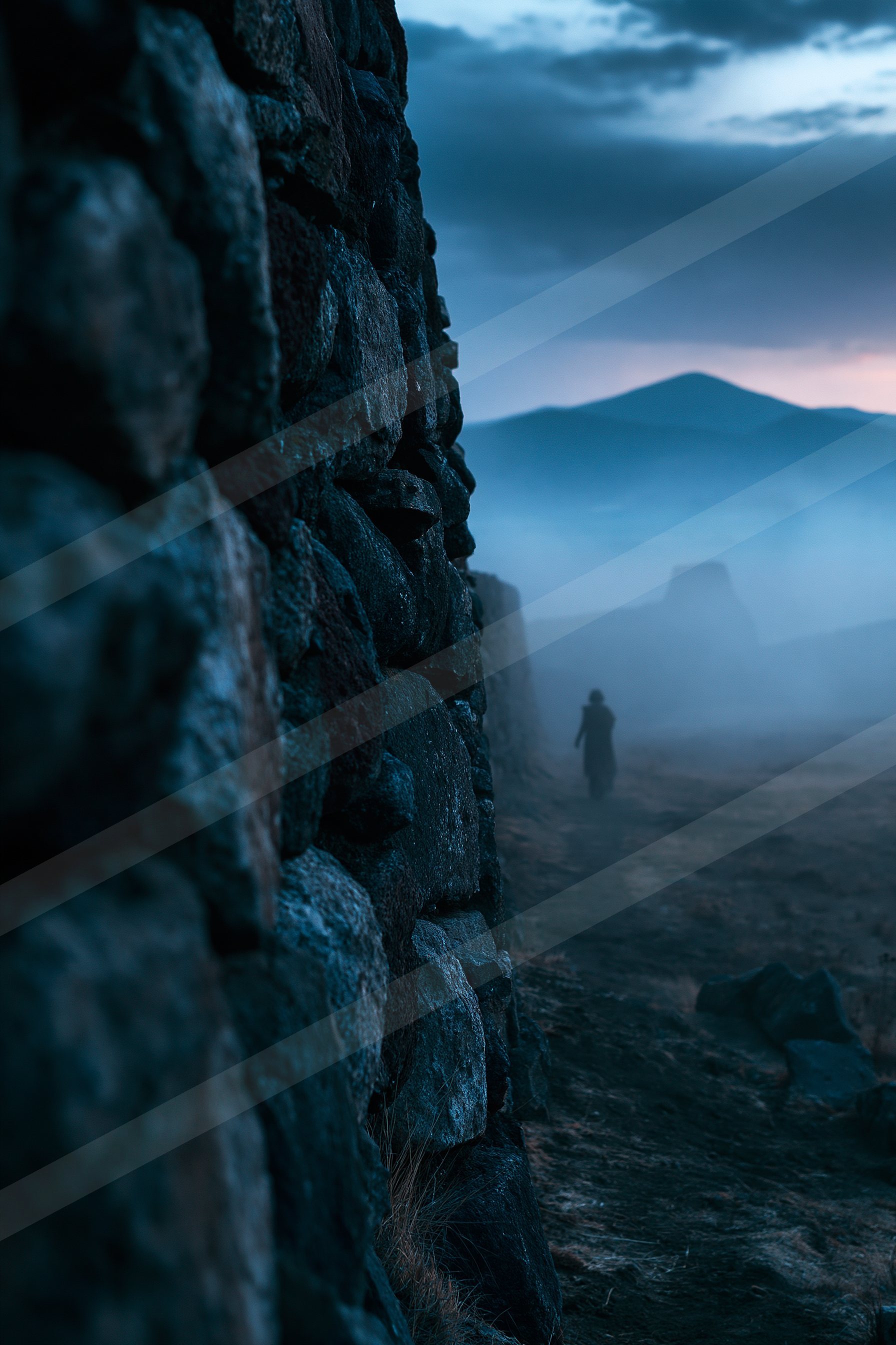 A blue hour negative space landscape of a mountains, fog.