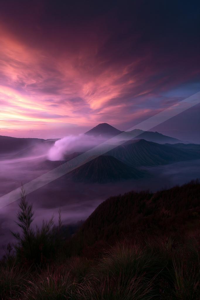 A serene landscape of mountains, sunrise, valley.