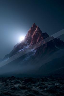 A jagged, snow-dusted mountain peak rises dramatically into a dark night sky, illuminated by a bright light source from behind, with mist swirling around its ba