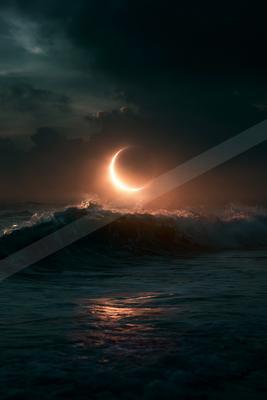 A glowing crescent solar eclipse illuminates a dramatic, stormy ocean with large crashing waves under a dark cloudy sky.