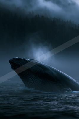 A large humpback whale surfaces in dark, rippling water with its head and back visible, set against a foggy, forested coastline shrouded in mist.