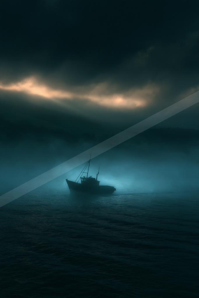 A dramatic still life of boat, ocean, fog.