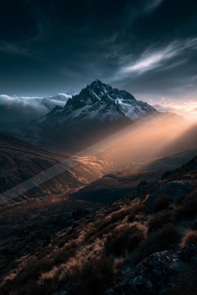 A black-toned moody photograph of volcano, alp, valley.
