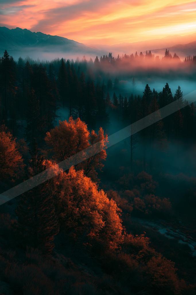 A serene nature scene of forest, trees, mountains.