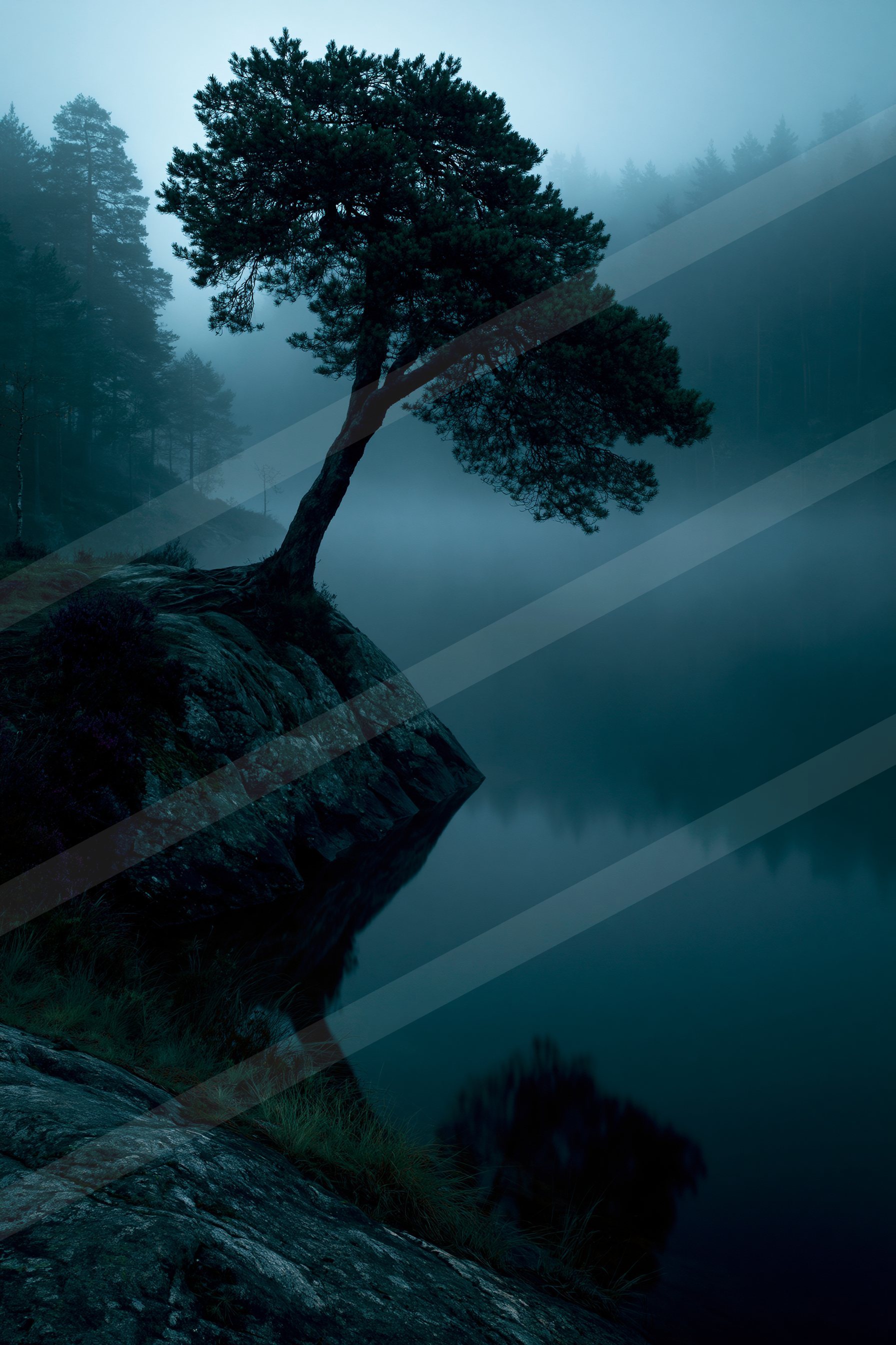 A mysterious high contrast nature scene of a pine tree, fog.