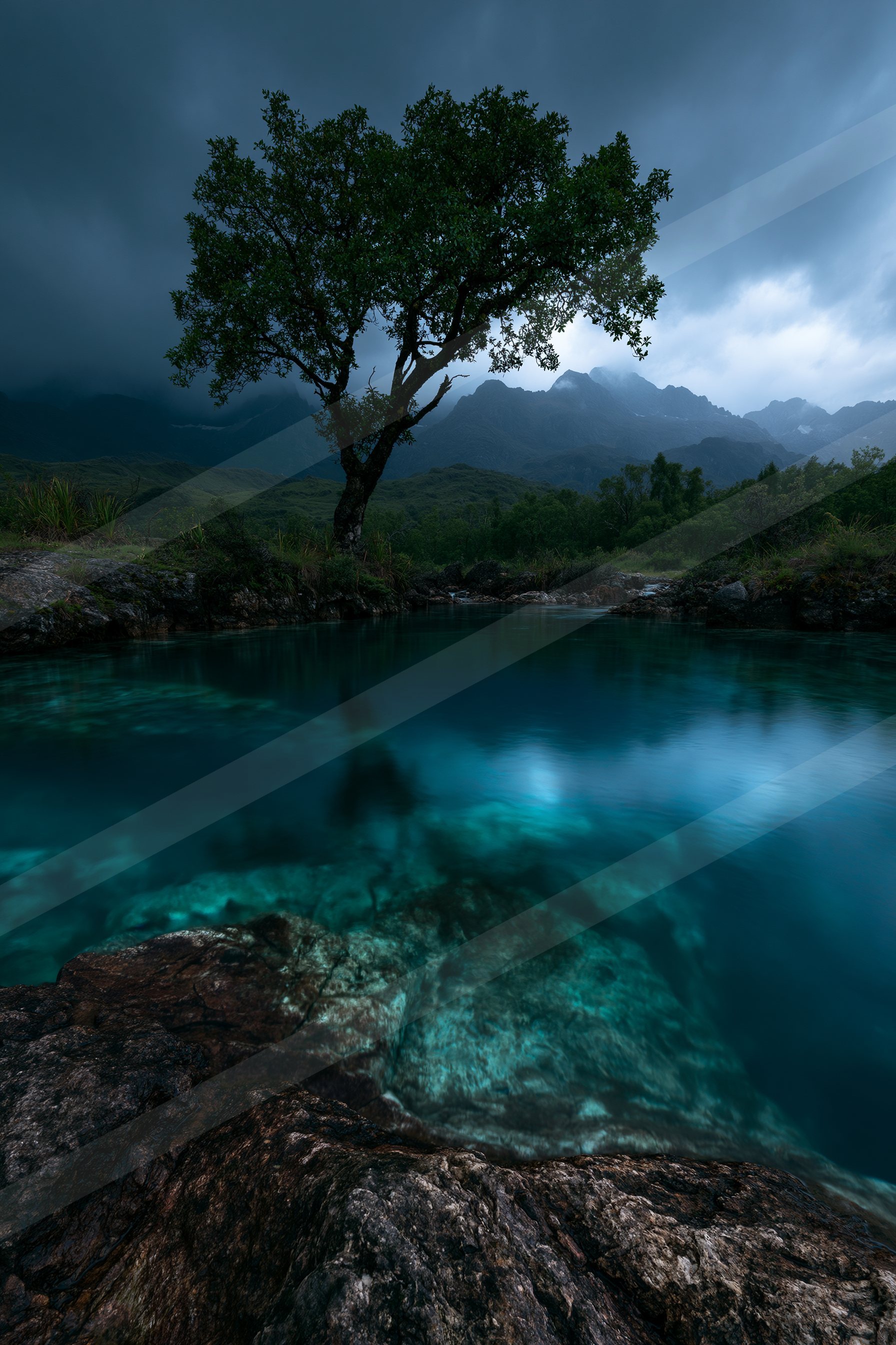 A blue hour long exposure water scene of a lagoon, reflection.
