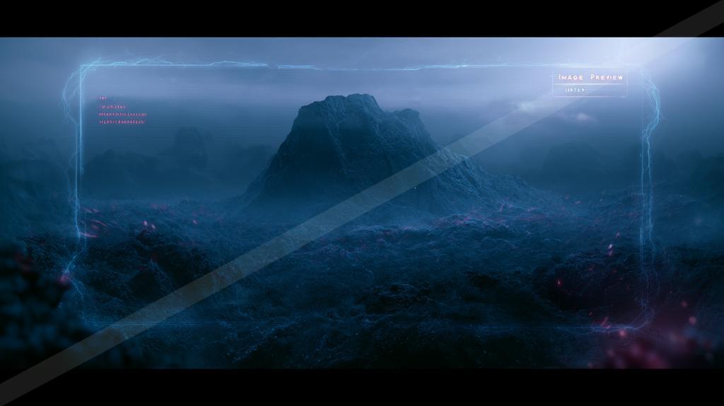 A moody landscape of mountains, still life, ocean.