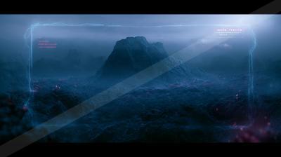 A moody landscape of mountains, still life, ocean.