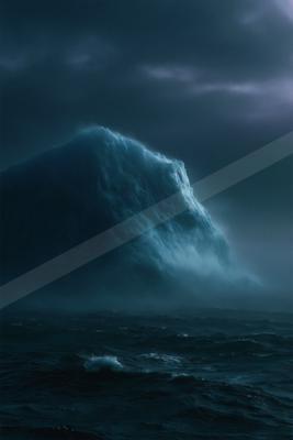 A towering dark blue ocean wave with a glowing crest crashes violently under a stormy night sky, creating sea spray and foam against the turbulent sea.