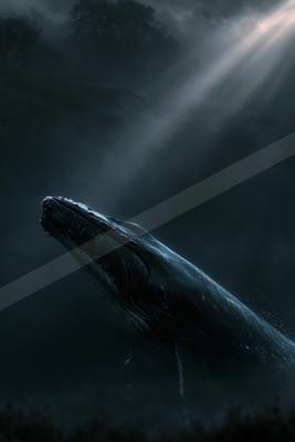 A large humpback whale breaches dramatically from dark water, its head and body angled upward toward beams of light piercing through thick fog in a forested lan