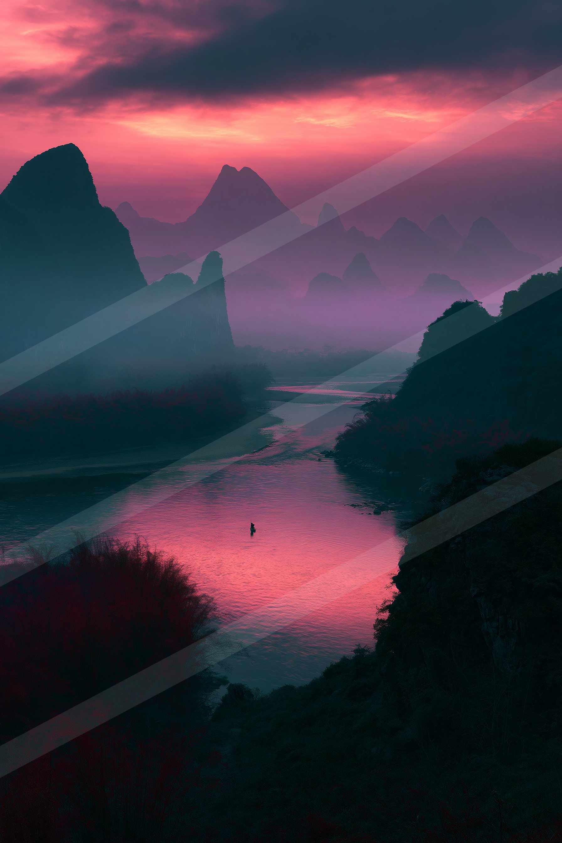 An ethereal panorama water scene of a lake, fog.