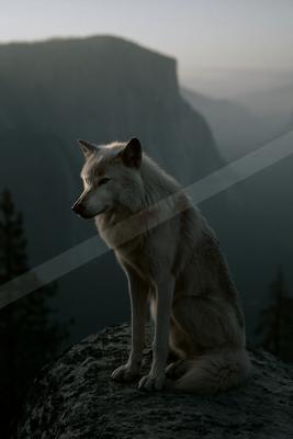 A white arctic wolf sits alert on a rocky outcrop overlooking a vast mountain valley at dusk.