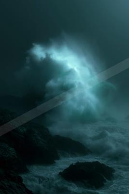 Powerful turquoise waves crashing violently against dark rocky coastline, creating a massive glowing splash under moody dark skies.