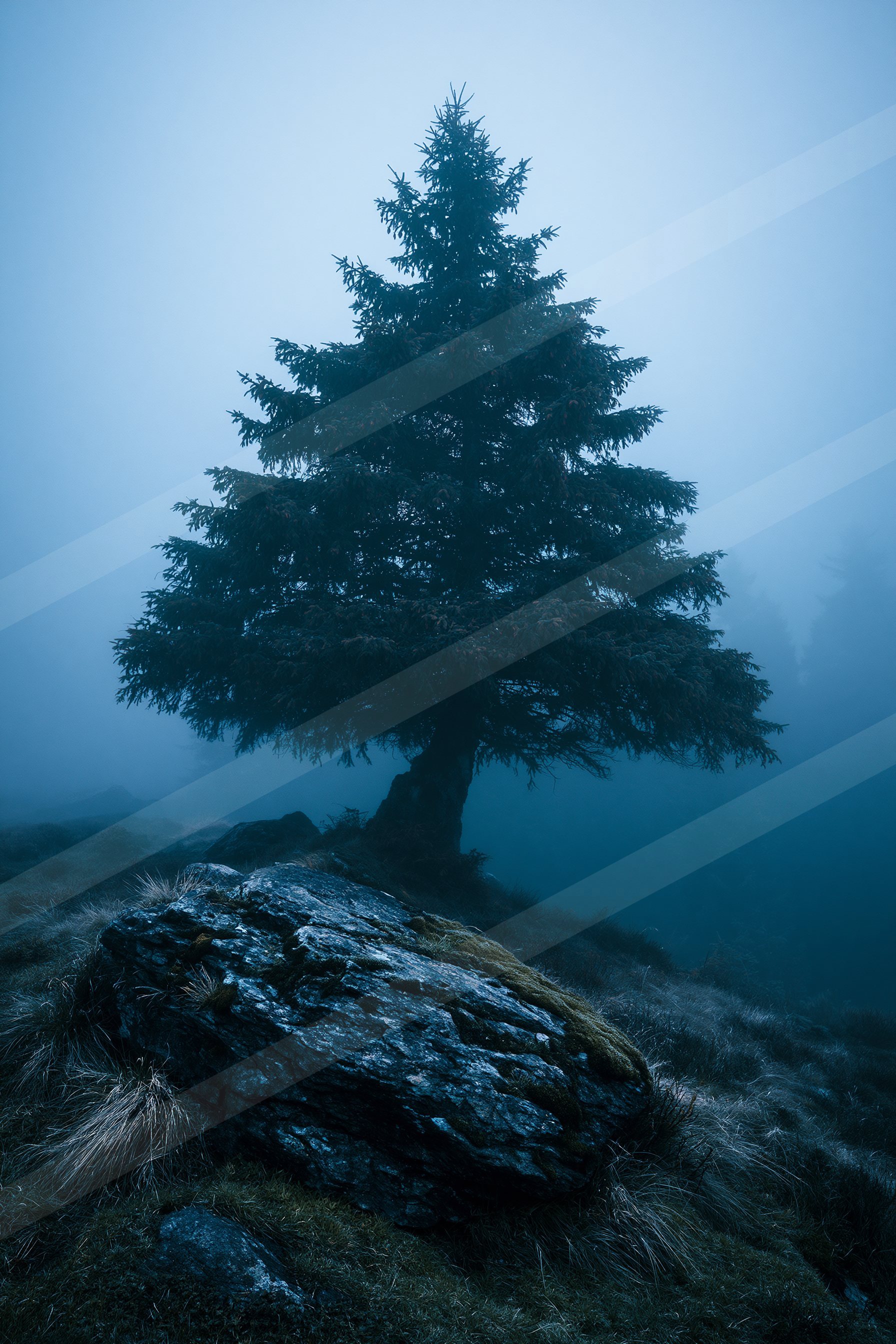 A mysterious nature scene of a pine tree, fog.