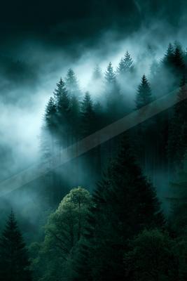 A dramatic nature scene of forest, trees, fog.