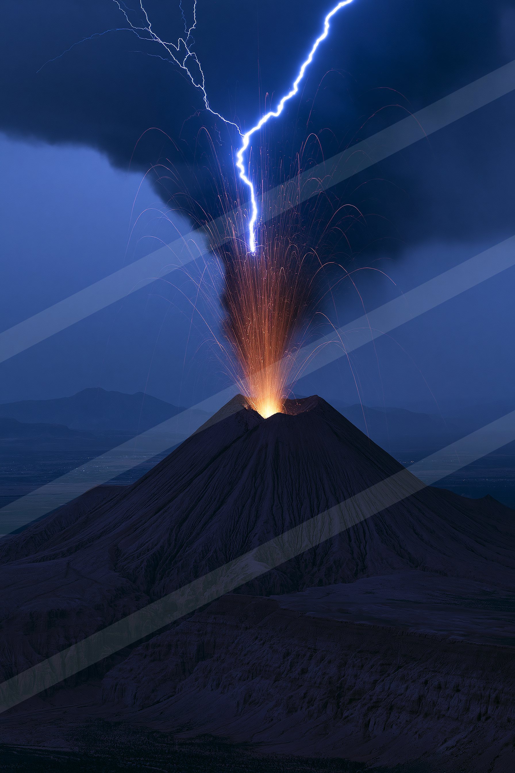 A volcano erupts at night, illuminated by a striking lightning bolt and glowing lava.