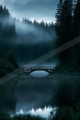 A night water scene of lake, bridge, fog.