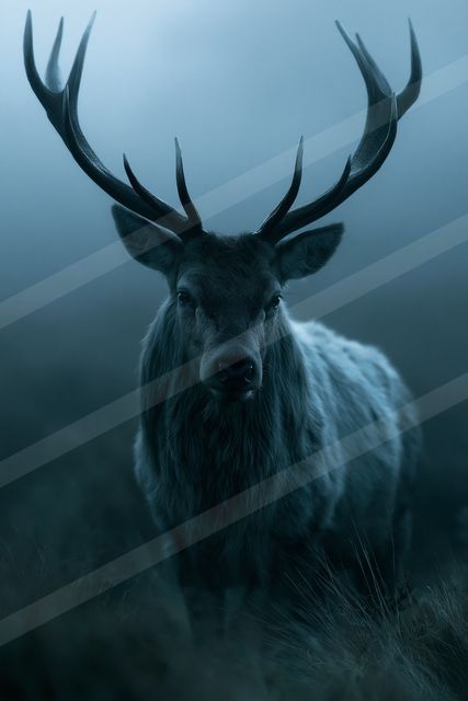 A powerful stag with large antlers stands in a misty, atmospheric forest setting.