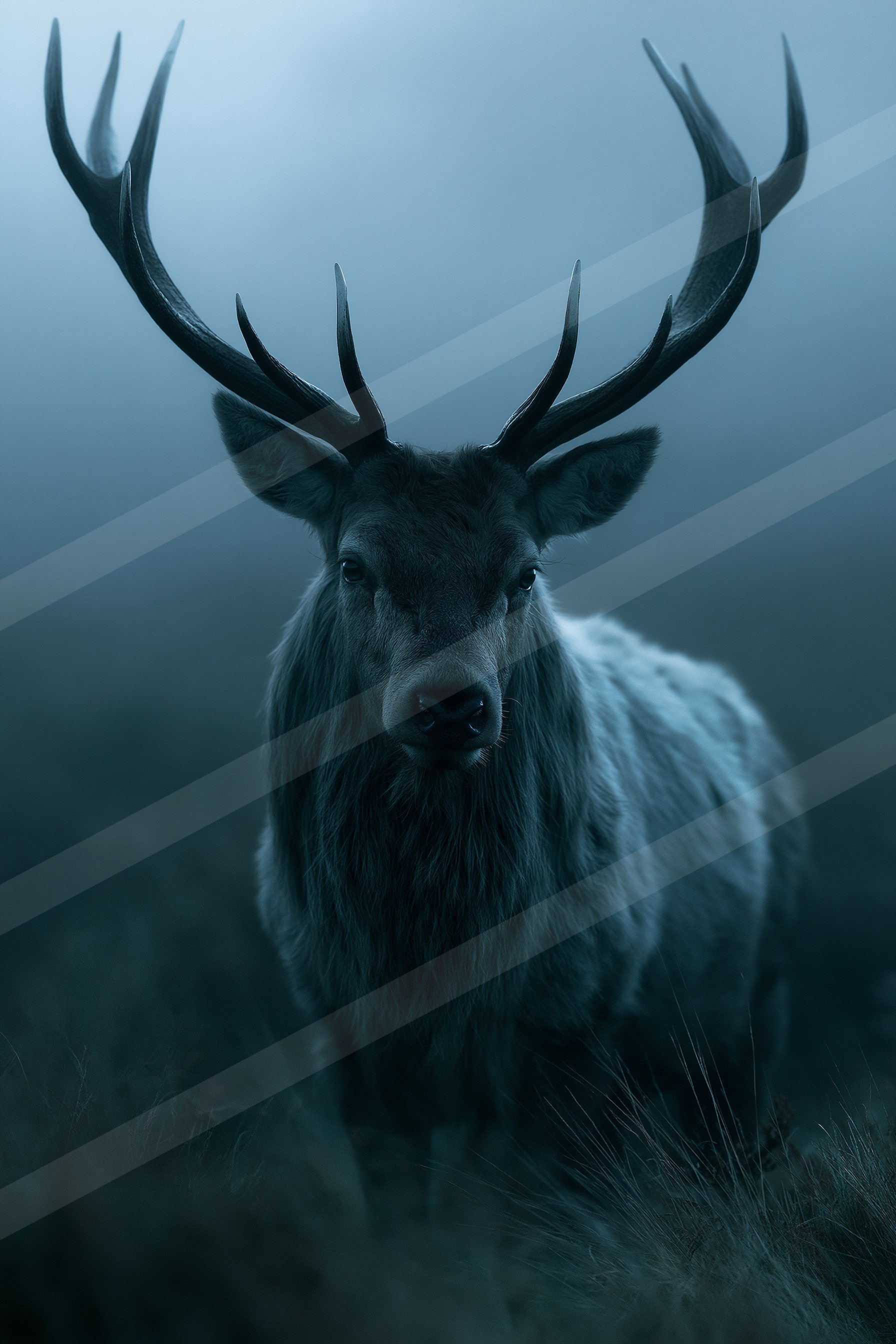 A powerful stag with large antlers stands in a misty, atmospheric forest setting.