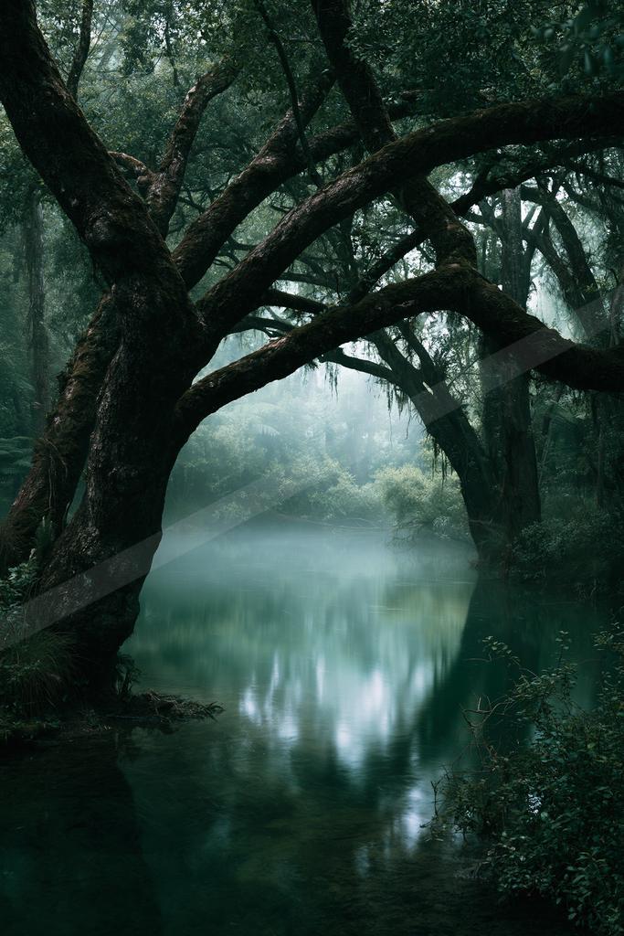 A serene nature scene of trees, forest, river.