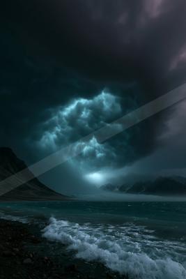 A night sky scene of storm, ocean, clouds.