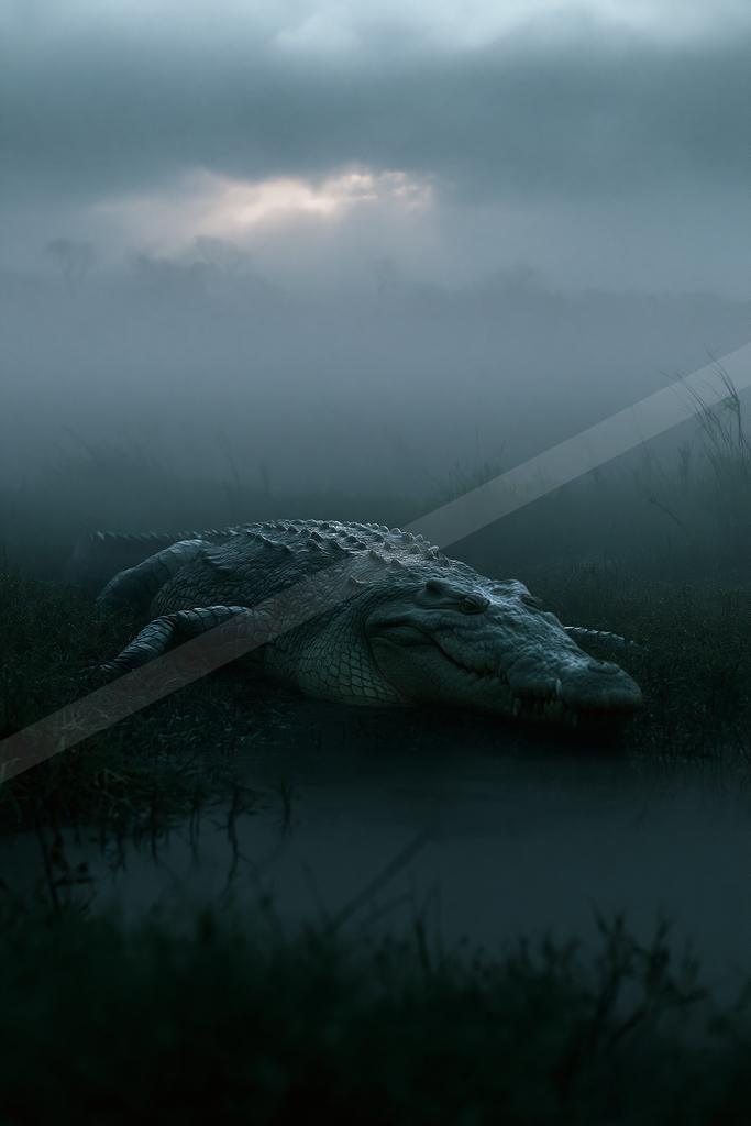 A large crocodile lies on a grassy bank at the edge of dark water, surrounded by thick fog under a cloudy sky with light breaking through.
