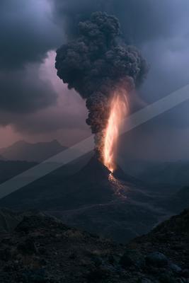 A volcano erupts dramatically, spewing lava and a massive ash cloud into the darkening sky.
