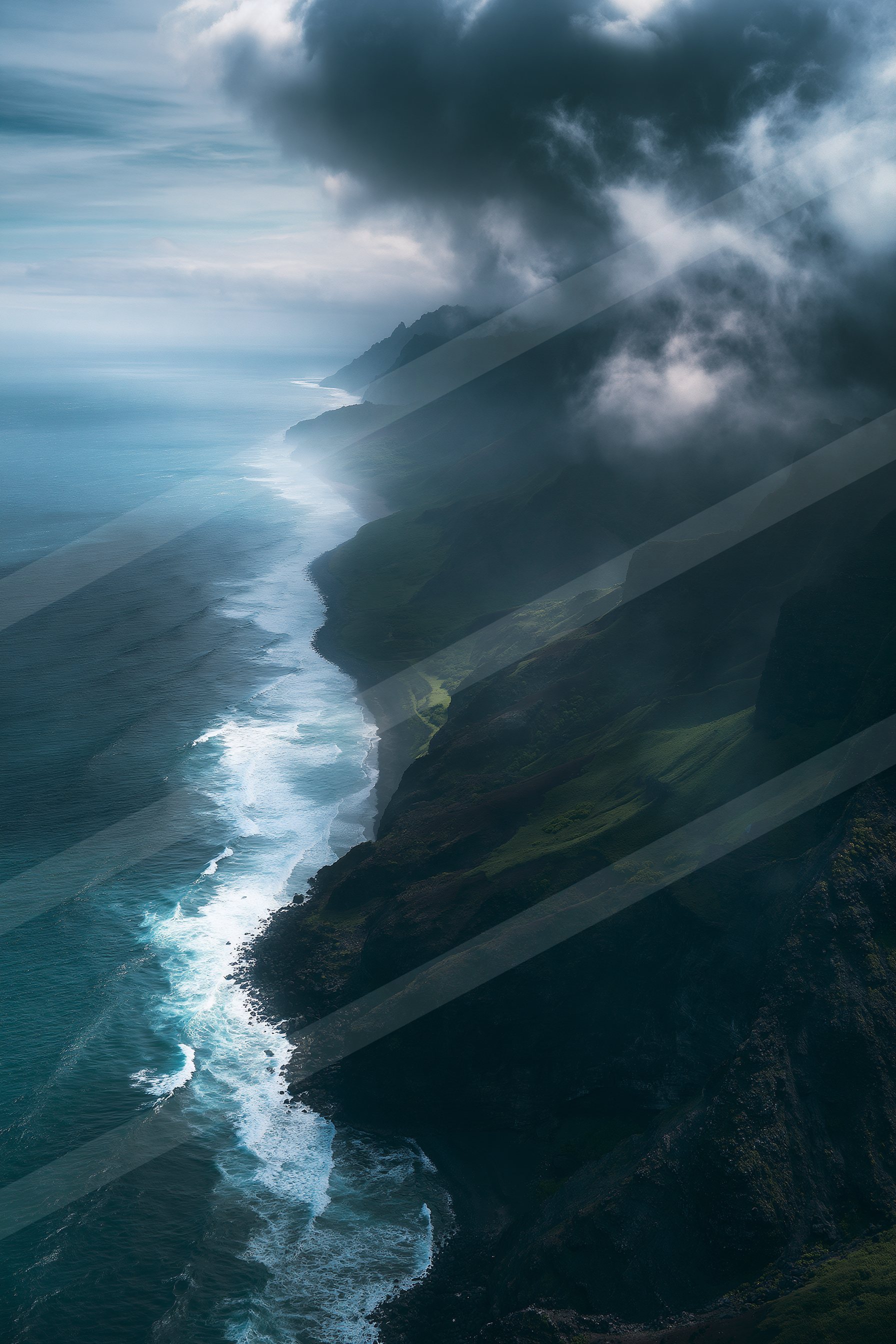 A mysterious aerial water scene of a coastline, fog.
