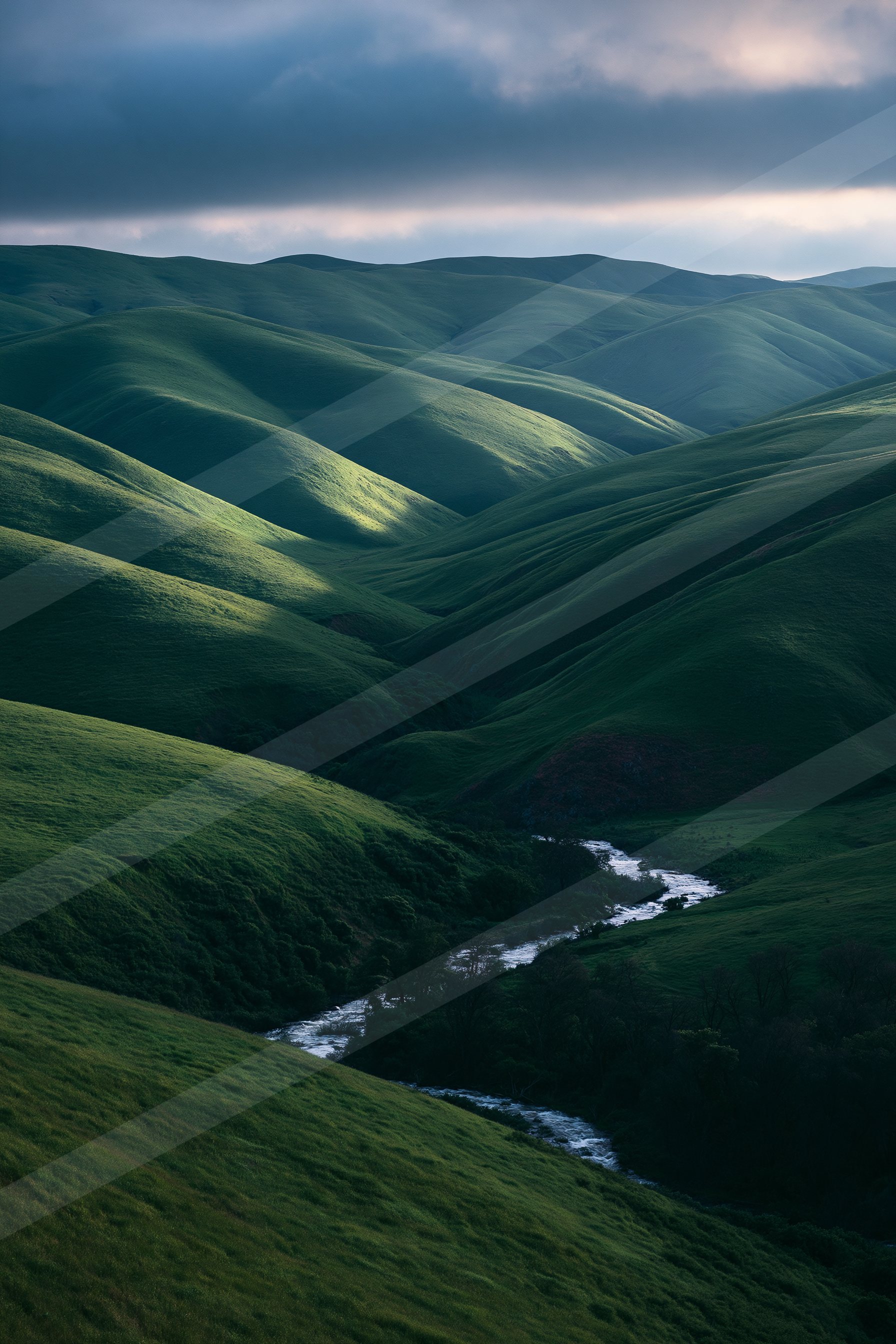 A dramatic high contrast landscape of a rolling hills.