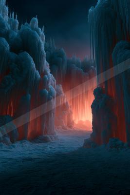 A black-toned moody photograph of fountain, volcano, jellyfish.