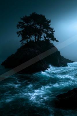 A night water scene of ocean, storm.