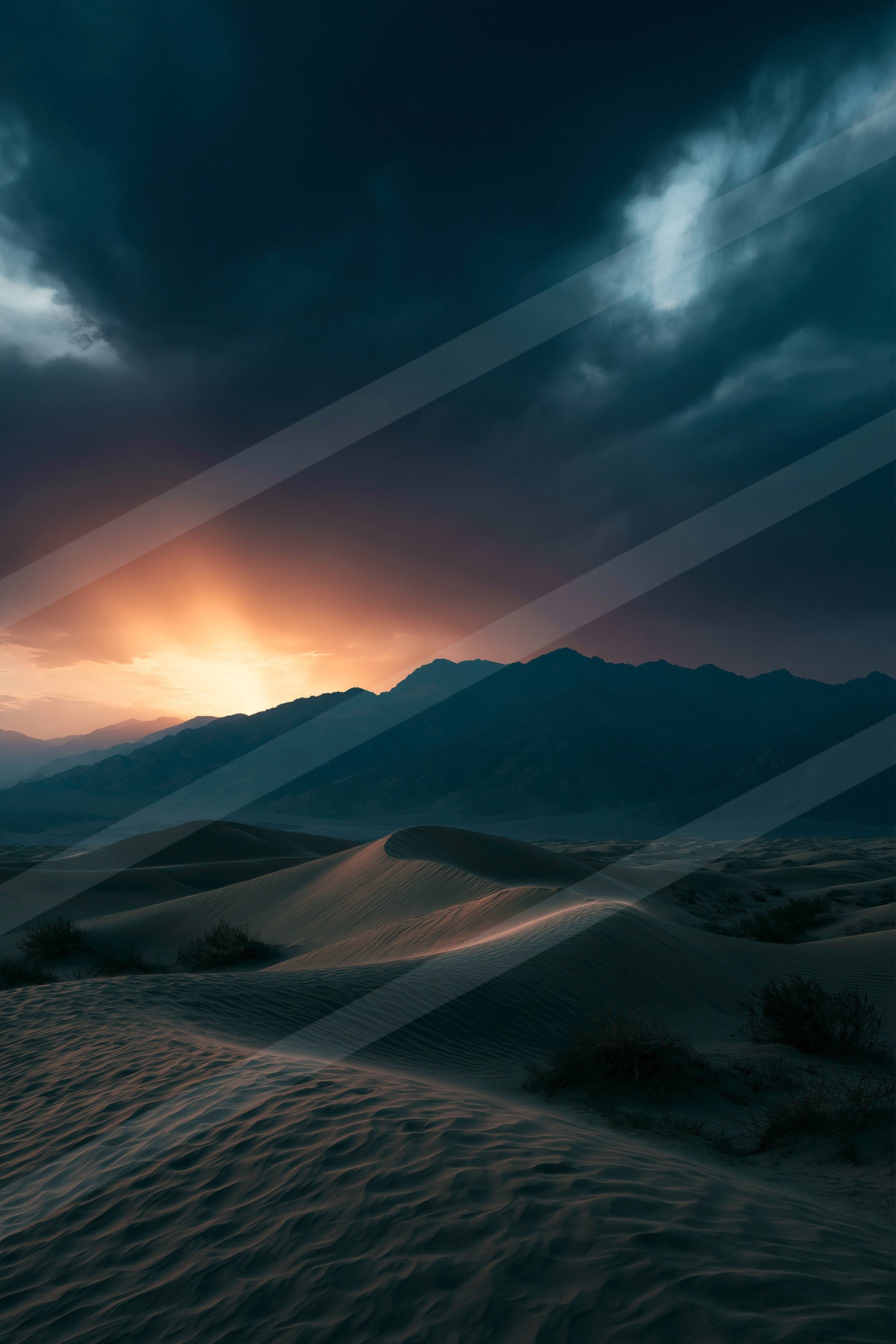 A night high contrast landscape of a desert, dust.