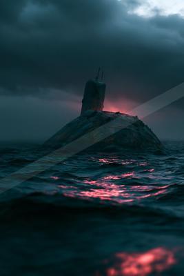 A black-toned moody photograph of submarine, beacon, wreck.