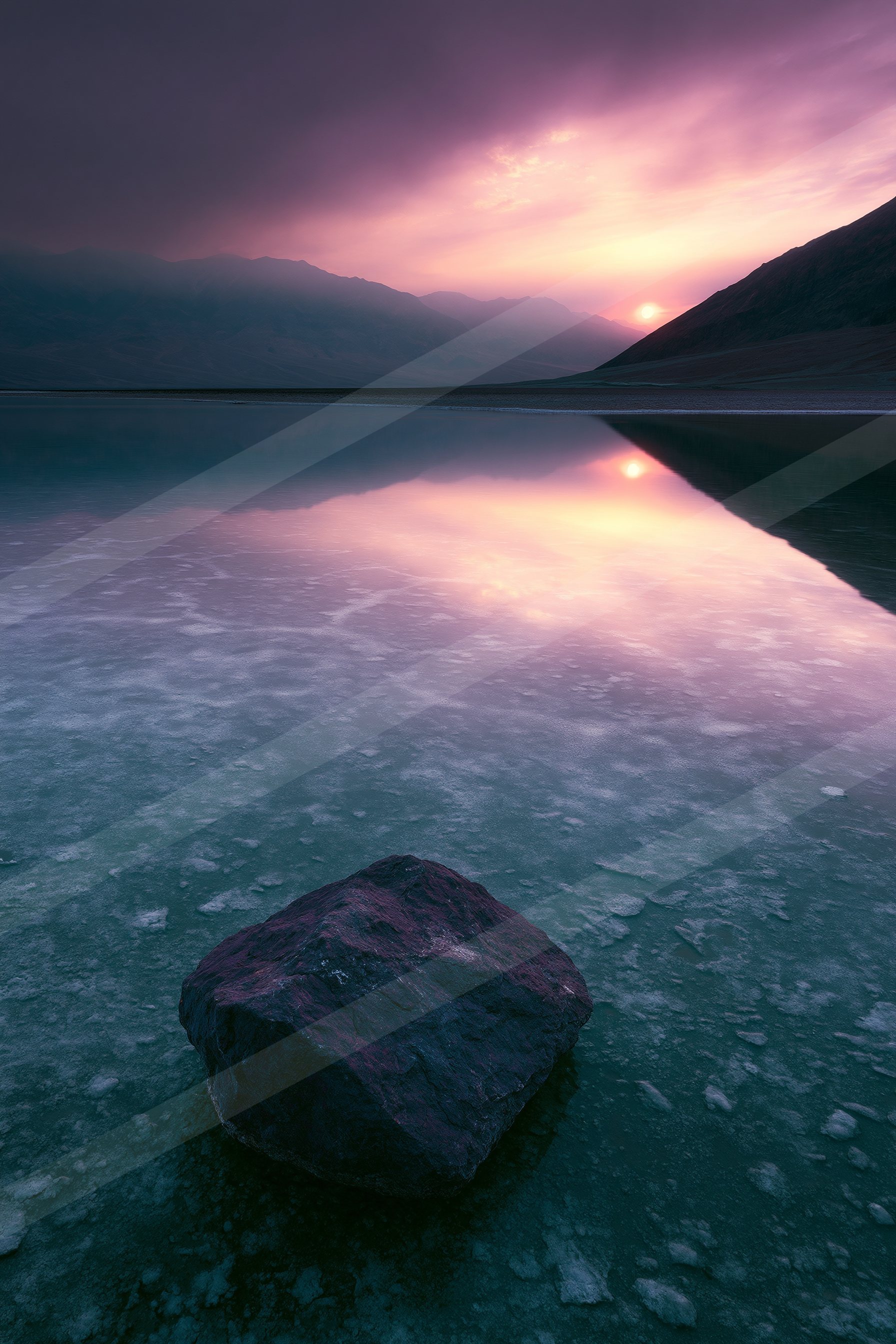 A serene long exposure water scene of a lake, reflection.