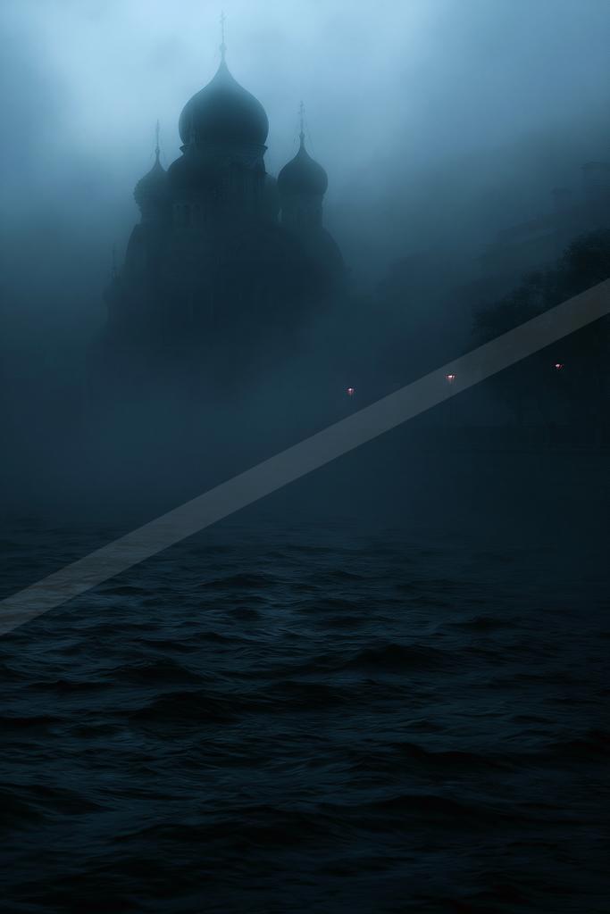 A large Orthodox church with onion domes emerges from thick blue fog above a dark, rippling body of water at night.