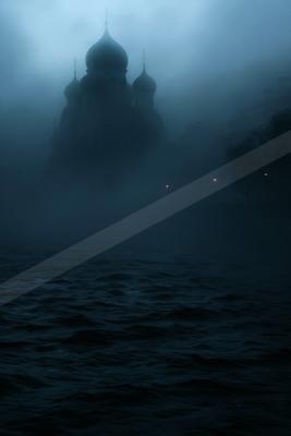 A large Orthodox church with onion domes emerges from thick blue fog above a dark, rippling body of water at night.