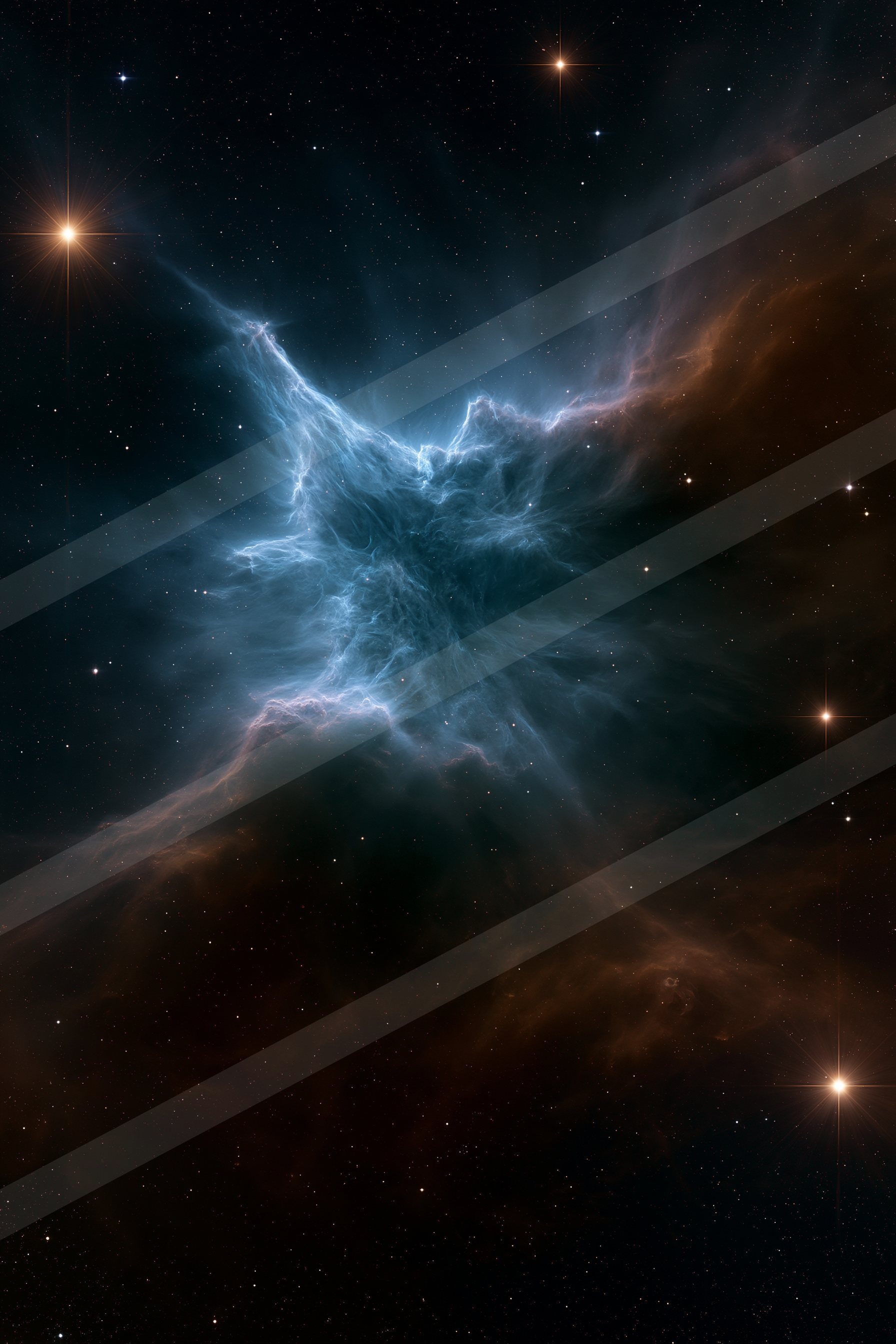A vibrant nebula with swirling blue and red clouds against a star-filled black sky.