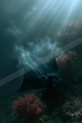 A large manta ray swims gracefully through dark blue ocean waters, surrounded by sunbeams piercing from above and reddish coral formations on the rocky seabed.