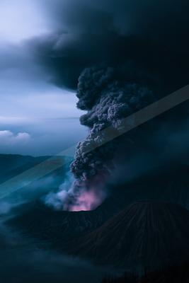 A dramatic landscape of a volcano, smoke.