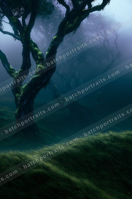 An ethereal high contrast nature scene of a forest, fog.