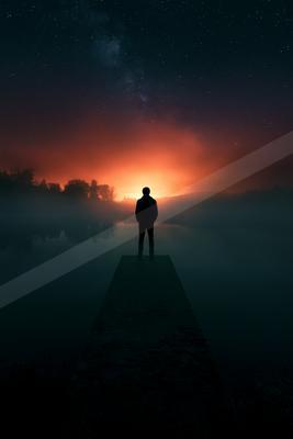 A night sky scene of sunrise, silhouette.
